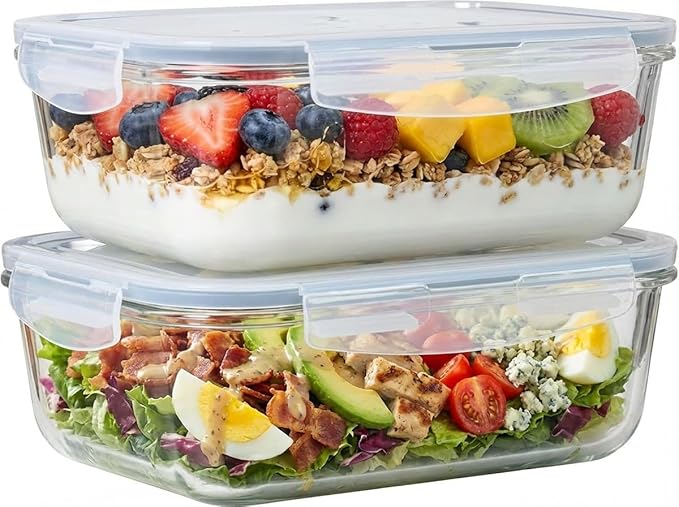 4pc Set - 8 Cup/64oz Large Glass Food Storage Containers with Lids Airtight Meal Prep Container with Lid Lock - Freezer Microwave & Oven Safe Clear Lunch Bowl Stackable Baking Pantry Organizer (2Pack)