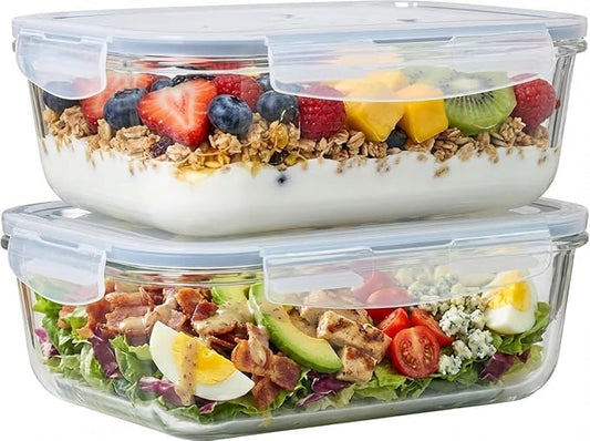 4pc Set - 8 Cup/64oz Large Glass Food Storage Containers with Lids Airtight Meal Prep Container with Lid Lock - Freezer Microwave & Oven Safe Clear Lunch Bowl Stackable Baking Pantry Organizer (2Pack)