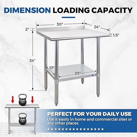 Profeeshaw Stainless Steel Prep Table NSF Commercial Work Table with Backsplash and Undershelf for Kitchen Restaurant 30x24 Inch