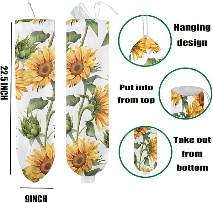 Sunflower Plastic Bag Holder for Kitchen Essentials, Wall Mount Grocery Bag Holder for Plastic Bags, Flower Washable Large Grocery Bags Storage Dispenser for Home Kitchen Pantry Decor, 22.5x9 Inch