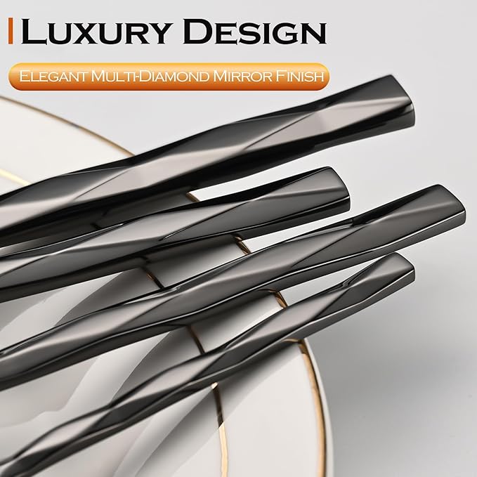 Black Silverware Set, Luxury 30-Piece Flatware Set for 6, Cutlery Set Stainless Steel, Diamond Cut Pattern, Home, Wedding & Party, 18/10 Stainless Steel Tablewaret & Dishwasher Safe Utensils.