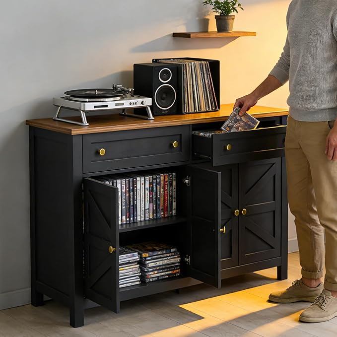 Farmhouse Kitchen Cabinet with Drawers, Rustic Sideboard Buffet Cabinet with Shelves and 4 Doors, Coffee Bar Cabinet, Storage Cabinet for Entryway Living Room Kitchen,Black