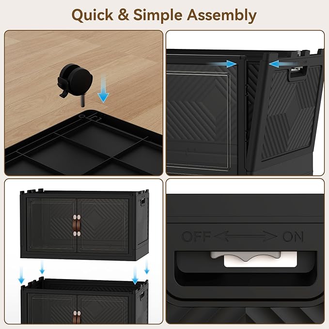 SAILUN 500QT Stackable Storage Bins with Lid, Collapsible Storage Bins With Doors and Wheels, Folding Plastic Cabinet Containers for Home Kitchen Closet Organization, 4 Pack