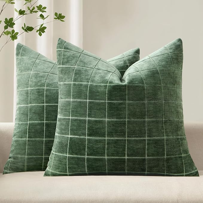 MIULEE Decorative Chenille Check Throw Pillow Covers Vintage Plaid Couch Pillows 22x22 Inch Set of 2 Neutral Boho Cushion Covers Modern Spring Home Decor for Sofa Bed Living Room Moss Green