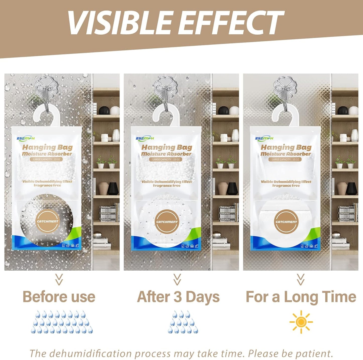 ZSZMFH 10 Pack Moisture Absorber Hanging Bags, Fragrance Free Humidity Packs, 15 OZ Dehumidifier Bags Effectively Trap Extra Moisture,Hanging Closet Dehumidifier Bags-425g/pack