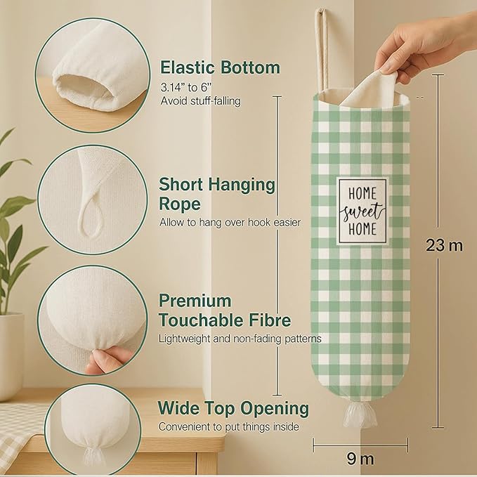 Plastic Bag Holder, Home Sweet Home Plastic Bag Holder for Kitchen Essentials, Green and White Grid Bags Holders for Plastics Bags Groceries Store, Reusable Hanging Trash Sack Dispenser