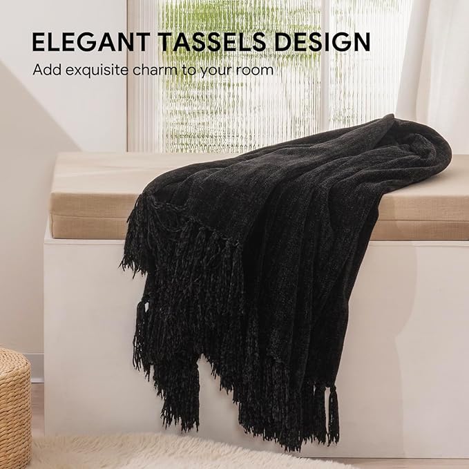 RECYCO Throw Blanket Soft Cozy Chenille Throw Blanket with Fringe Tassel for Couch Sofa Chair Bed Living Room Gift (Black, 60" x 80")