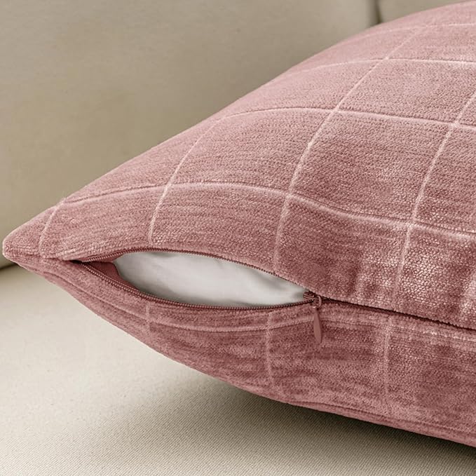 MIULEE Valentines Decorative Chenille Throw Pillow Covers Vintage Plaid Couch Pillows 20x20 Inch Set of 2 Boho Farmhouse Cushion Covers Modern Spring Home Decor for Sofa Bed Living Room Blush Pink