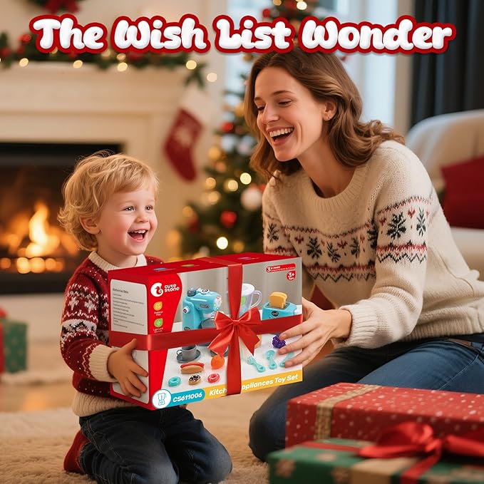 CUTE STONE Kids Kitchen Playset, Toy Kitchen Appliance Sets with Working Coffee Maker, Blender & Toaster, Realistic Sounds & Light, Includes Kids Kitchen Accessories & Play Food for Boys & Girls