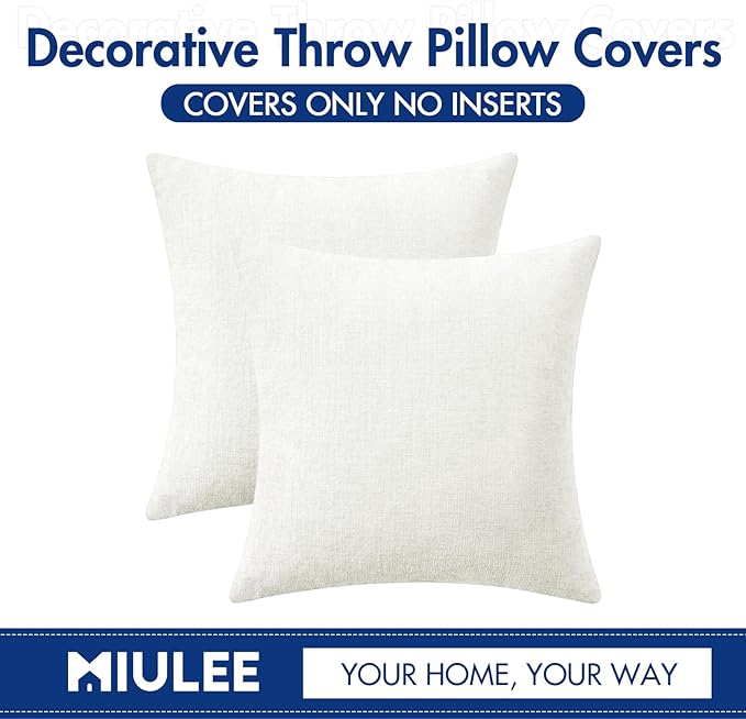 MIULEE Pack of 2 Christmas Couch Throw Pillow Covers 18x18 Inch Soft White Chenille Pillow Covers for Sofa Living Room Solid Dyed Pillow Cases