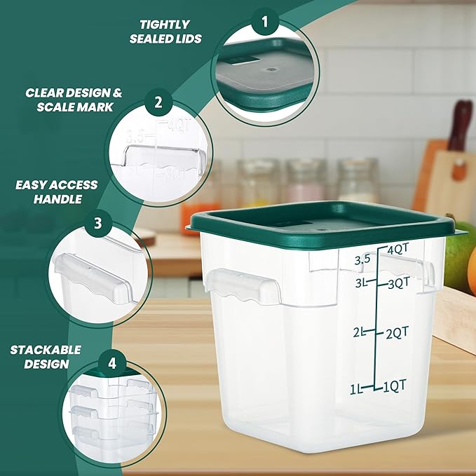 4 Pack Food Storage Containers, 4 Quart with Lids, Square Commercial Containers with Scale, Clear NSF Food Organizing, Polycarbonate