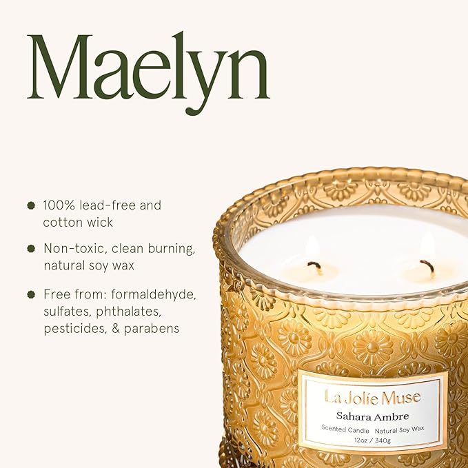 LA JOLIE MUSE Sahara Amber Candle – Bergamot, Clove & Amber | 12 oz Large 2-Wick Soy Wax Candle | 60 Hours Clean Burn | Gift-Ready for Hosts & Gatherings | Elegant Home Décor