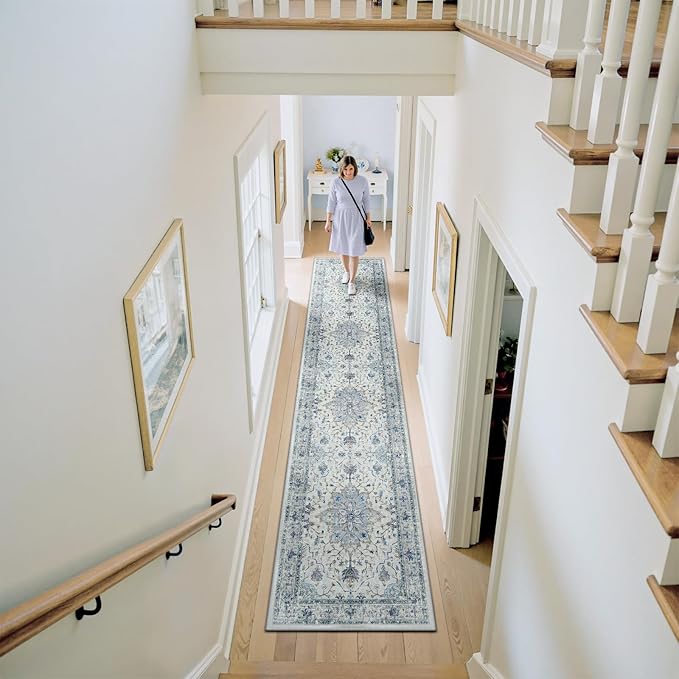 RELEANY Area Rugs 2'x9' Runner Rug Non Slip Washable for Kitchen Hallway Bedroom Beside Laundry Room Bathroom Rug, Floor Carpet, Light Blue Navy Beige Gray White