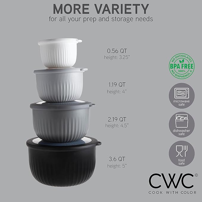 COOK WITH COLOR Prep Bowls with Lids- Wide and Deep Nesting Plastic Small Mixing Bowl Set with Lids, 8 Piece Set - Deep Bowls, Black/White
