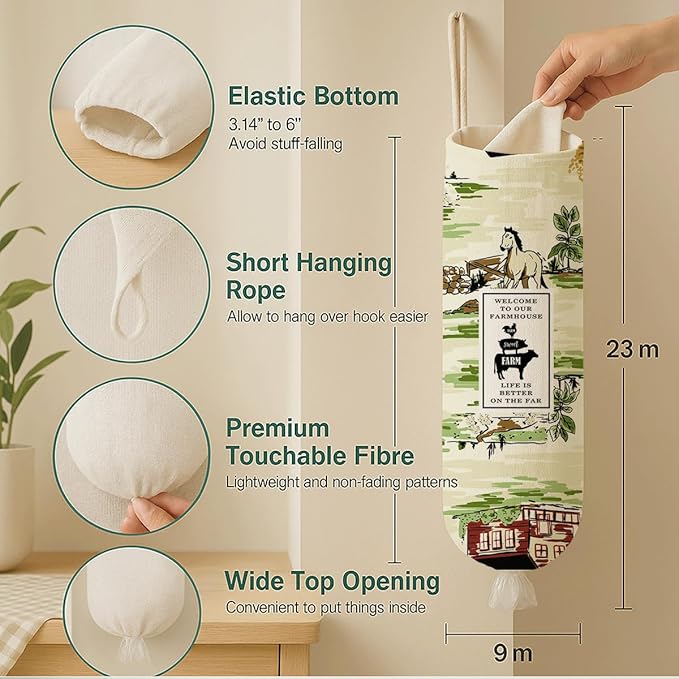 Farmhouse Plastic Bag Holder for Kitchen Essentials, Cartoon Animal Plastic Bags Holder, Reusable Hanging Trash Sack Dispenser, Wall Mount Plastics Sack Storage Container Dispenser
