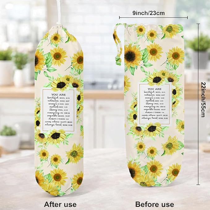 Plastic Bag Holder, Sunflowers Plastic Bag Holder with Bible Verse, Reusable Hanging Grocery Bags Organizer, Inspirational Religious Gifts for Women Friends and Family