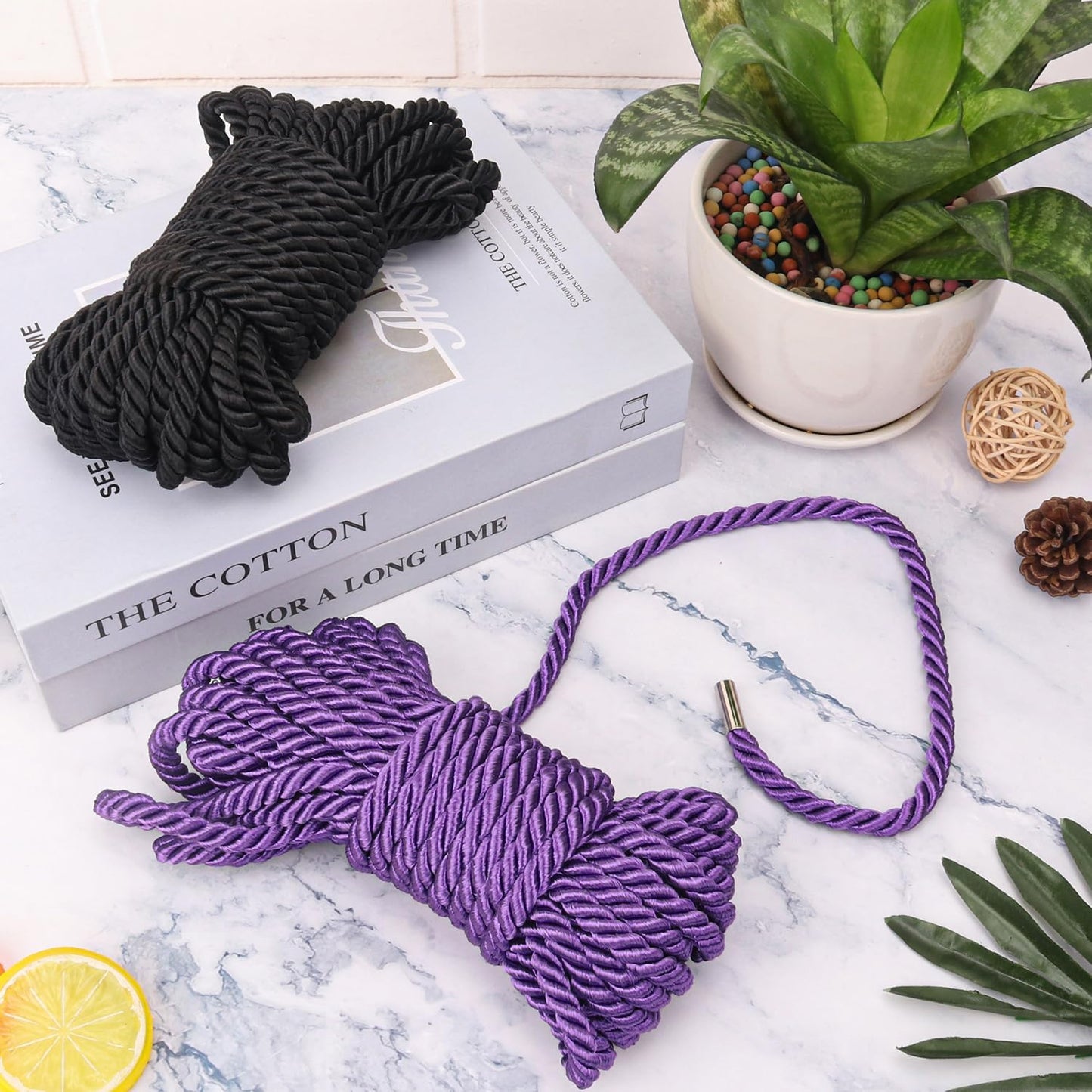 6 PCS Silk Rope Set - 32 Feet Long Nylon Proof Rope Cord and Soft Braided Ropes Black & Purple, Skin Friendly for Crafts, Hanging, DIY Projects and More