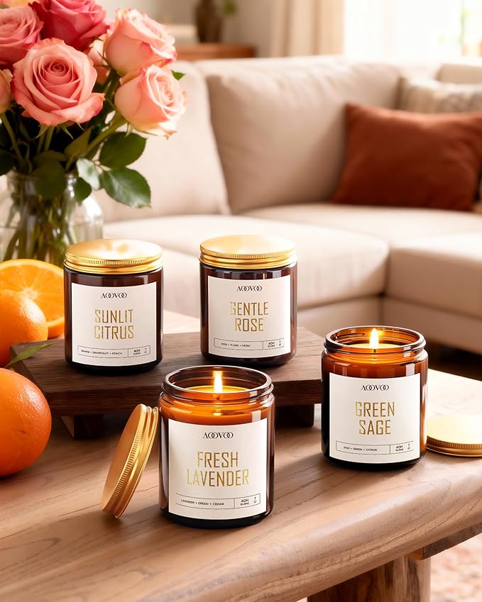 AOOVOO Candle Set - 4PC Scented Candles, 28 oz Soy Candles, Soy Candle for Home Scented, Lavender/Citrus/Rose/Sage