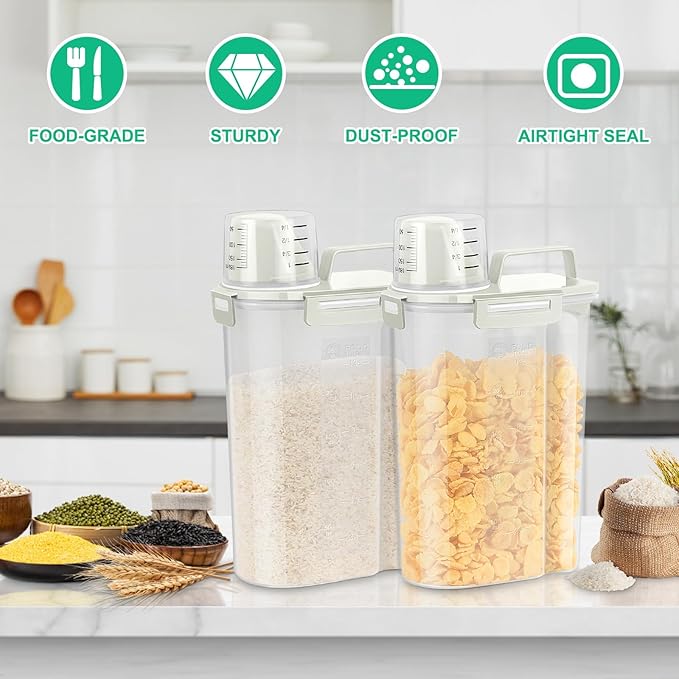 TBMax Rice Storage Container 3 to 5 Lbs - Small Pet Dog Cat Food Container Dispenser with Easy Pouring Spout & Cup, Portable Cereal Container for Small Spaces, Travel, or Daily Use -Beige