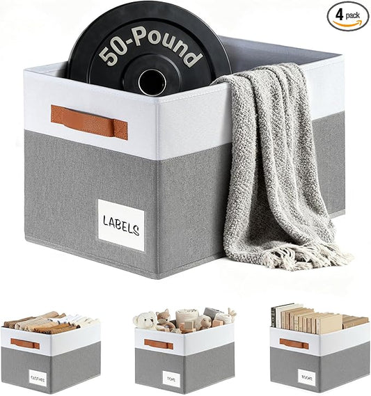 Criusia Large Closet Storage Baskets for organizing 4 Pack, Non-Dust-Absorbing Closet Shelf Organizer Bins with Handles & Labels - Decorative Collapsible Baskets for Living Room Bedroom Nursery Dorm