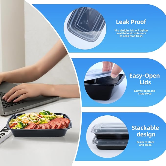 28oz meal prep containers with lids, 50 Pack (100-Piece),BPA-Free, Food Safe & Leakproof Reusable Plastic Food Storage – Microwave Safe, Stackable Takeout Boxes