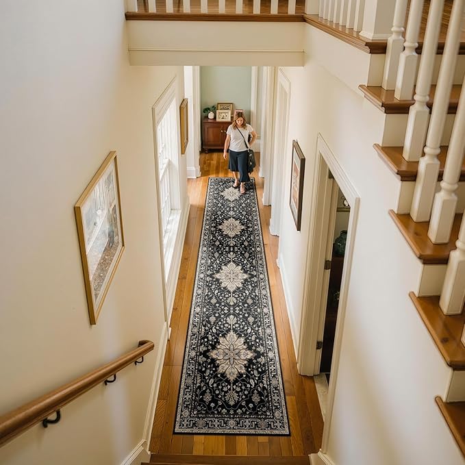 RELEANY Area Rugs 2'x10' Runner Rug Non Slip Washable for Kitchen Hallway Bedroom Beside Laundry Room Bathroom Rug, Floor Carpet, Black Brown Neutral Dark Tan