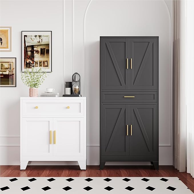 71" Pantry Cabinet in Black, with 4 Doors & Center Drawer, Max Organization Storage Cabinet with Adjustable Shelves, Freestanding Farmhouse Cupboard for Spacious Kitchen, Dining Room