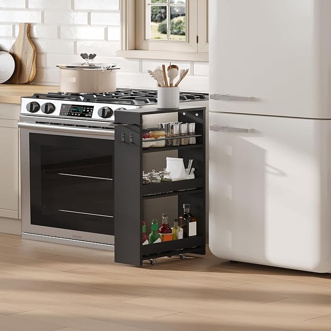 ChooChoo 4-Tier Slim Storage Cart with Handle, 5.51" W Rolling Utility Cart on Universal Wheels, Kitchen Cart Mobile Shelving Organization for Laundry Room, Bathroom & Narrow Places, Black