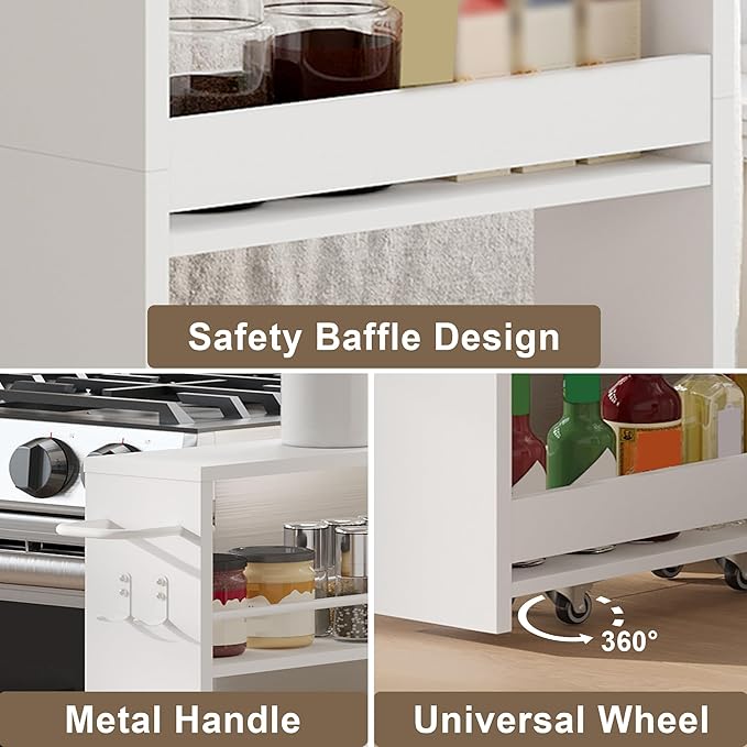 ChooChoo 4-Tier Slim Storage Cart with Handle, 5.51" W Rolling Utility Cart on Universal Wheels, Kitchen Cart Mobile Shelving Organization for Laundry Room, Bathroom & Narrow Places, White