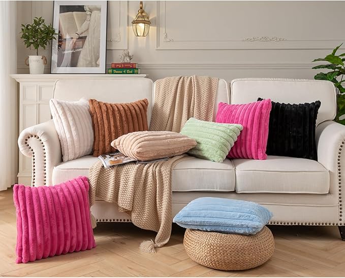 DEELAND Pack of 2,Double-Sided Faux Fur Plush Decorative Throw Pillow Covers Fuzzy Striped Soft Pillowcase Cushion Covers for Sofa Couch Bedroom Black 18x18 inch