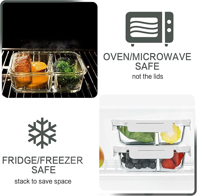 M MCIRCO [10-Pack,30 Oz Glass Meal Prep Containers 2 Compartments Airtight Lunch Bento Boxes with Lids, Glass Food Storage Containers, Microwave, Oven, Freezer and Dishwasher, White