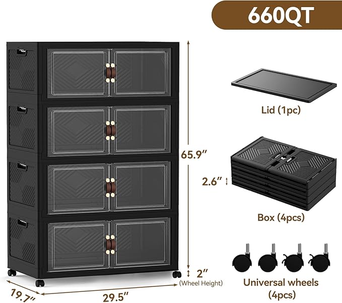 SAILUN 660QT Stackable Storage Bins with Lid, Collapsible Storage Bins With Doors and Wheels, Folding Plastic Cabinet Containers for Home Kitchen Closet Organization, 4 Pack