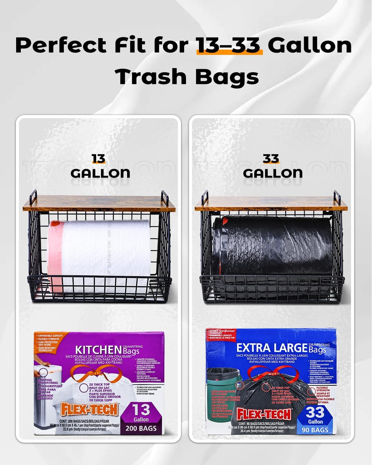 2 Pack Stackable Extra Large Trash Bag Holder Under Sink, Wall Mounted Garbage Bag Dispenser Roll Holder for 13/33 Gallon Trash Bags, Kitchen/Pantry/Laundry Room Organization Basket Storage Bin