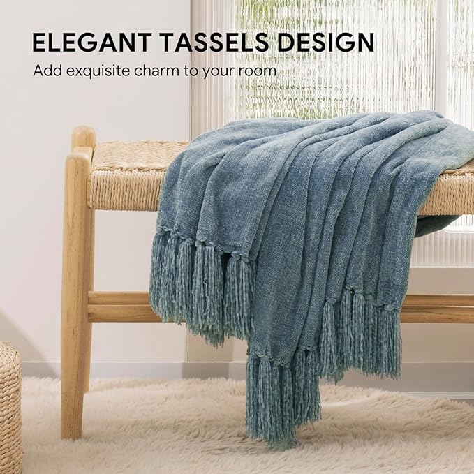 RECYCO Throw Blanket Soft Cozy Chenille Throw Blanket with Fringe Tassel for Couch Sofa Chair Bed Living Room Gift (Dusty Blue, 60'' x 80'')