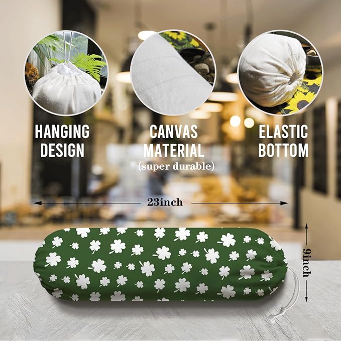 Wall Mount Plastic Bag Holder, Reusable Grocery Sack Organizer, Washable Cotton-Linen Storage, St. Patrick’s Day White Shamrock & Clover Design, Hanging Loop for Kitchen Pantry Decor