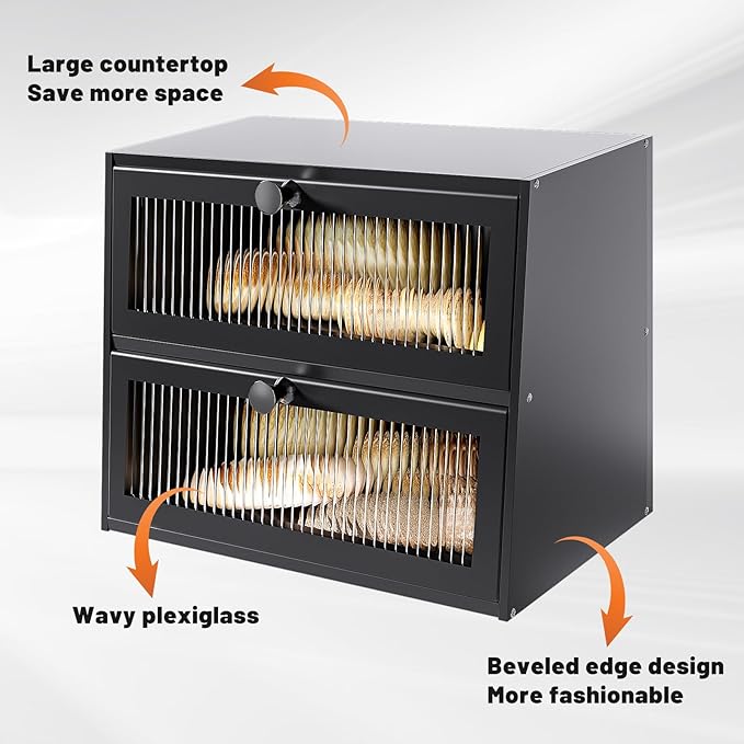 Bread Box for Kitchen Countertop,Extra Large 2 Layer Breadbox Wooden Farmhouse Bread Storage Container Bread Bin Bread Holder Food Organizer Pantry Shelf Acrylic Window(Black)