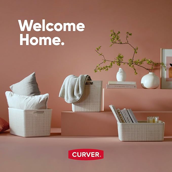 Curver Set of 4 Jute Large Decorative Plastic Organization and Storage Baskets, Perfect Bins for Home Office, Closet Shelves, Kitchen Pantry and All Bedroom Essentials, Grey