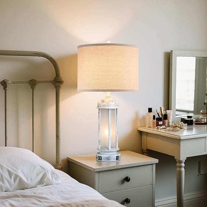 AIEAMPDO 25" Rustic Table Lamps Set of 2, Vintage Nightstand Lamps with 2 USB Ports, Farmhouse Antique White Desk Lamp with Glass Night Light for Living Room Bedroom Dorms, 4 Bulbs Included