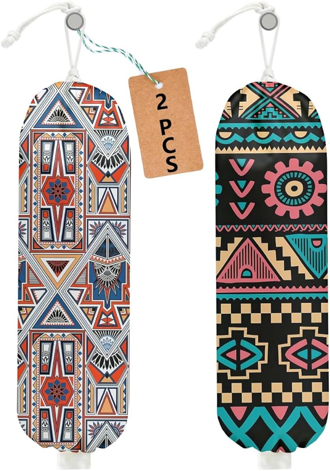 2 Pcs Retro Boho Plastic Bag Holder, Wall Mount Grocery Bag Holder for Plastic Bags, Abstract Art Farmhouse Kitchen Pantry Decor Reusable Grocery Bags Organizer Storage Dispenser