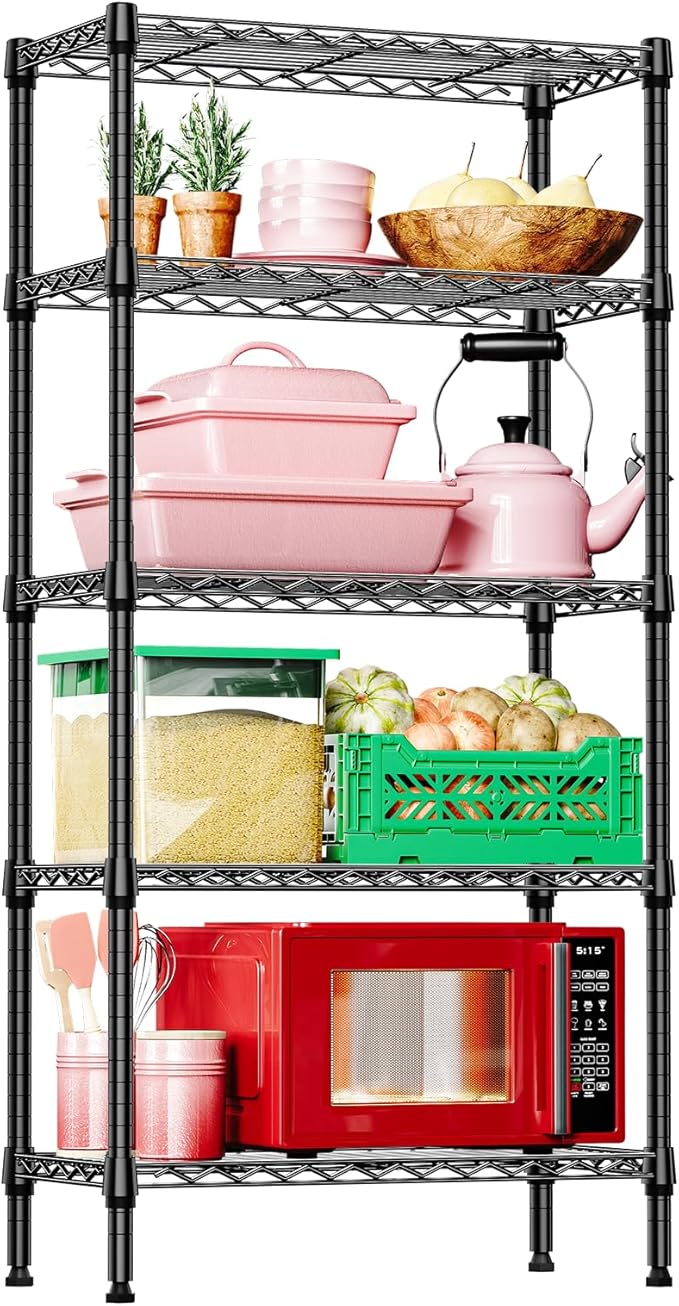 IZEUK 5 Tier Black Metal Storage Shelves, Heavy Duty Wire Shelving Rack for Garage, Kitchen, Bathroom, Laundry, Closet Organizer, 1250 lbs Capacity, 11.8" D x 29.5" W x 59.5" H