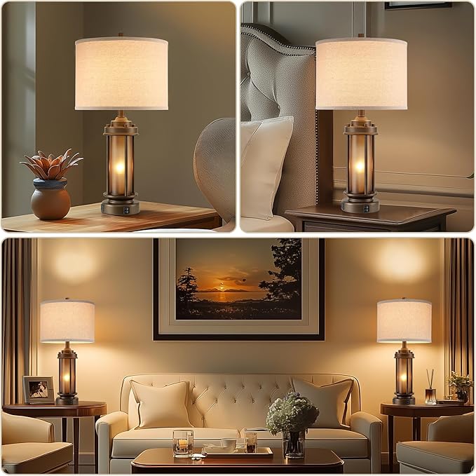 AIEAMPDO Set of 2 Farmhouse Table Lamps for Living Room, Rustic Vintage Bedside Lamps with 2 USB Ports, Bedroom Nightstand Lamp with Amber Glass Nightlight for End Table Entryway, 4 Bulbs Includes
