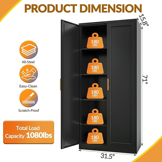 Kitchen Pantry Cabinet,71” Metal Tall Pantry Storage Cabinet with Doors and 4 Adjustable Shelves,Kitchen Storage Cabinets Black Freestanding Food Cabinet for Pantries, Kitchen, Livingroom, Dining Room