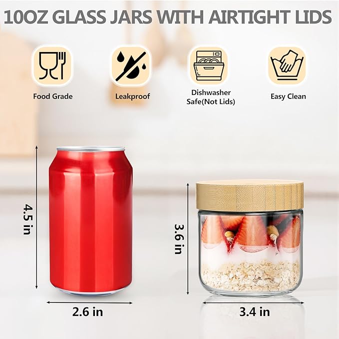 12 Pack 10oz Glass Jars with Bamboo Lids, Spoons, Airtight Overnight Oats Containers, Salad & Yogurt Storage, Mason Jars for Snacks, Spices, Meal Prep – Reusable