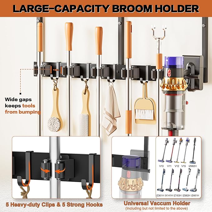 Broom Holder Wall Mount with Cleaning Supplies Organizer, Laundry Room Organization and Storage Shelves with Mop Hanger Rack Gripper Hooks, Utility Shelf Closet Organizer for Home Garage Kitchen