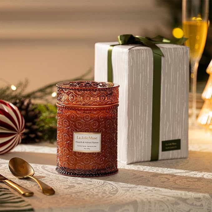 LA JOLIE MUSE Hearth & Velvet Flames Candle – Saffron, Clove & Vanilla | 19 oz Large Wooden Wick Soy Candle | 90 Hours Clean Burn | Gift-Ready for Any Occasion | Elegant Home Décor