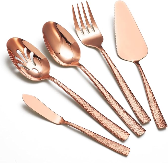 Large Hostess Serving Utensils Set, Stainless Steel Heavy Duty Hammered Serving spoons, Slotted Spoons, Serving Fork, Cake Server, Butter Knife, Dishwasher Safe（Rose Gold）