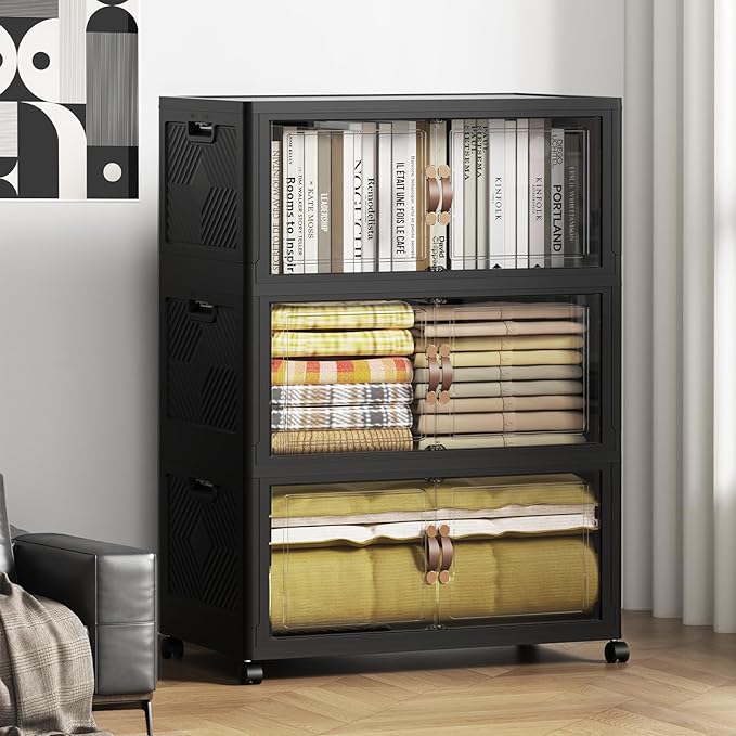 SAILUN 495QT Stackable Storage Bins with Lid, Collapsible Storage Bins With Doors and Wheels, Folding Plastic Cabinet Containers for Home Kitchen Closet Organization, 3 Pack