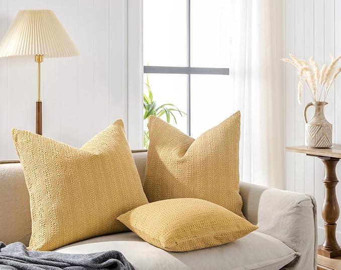 COCOPLOCEUS 18x18 Throw Pillow Covers Set of 2 Boho Decorative Pillow Shams Stone Washed Cotton Pillowcase Waffle Square for Couch Sofa Chair Bed Car, Yellow