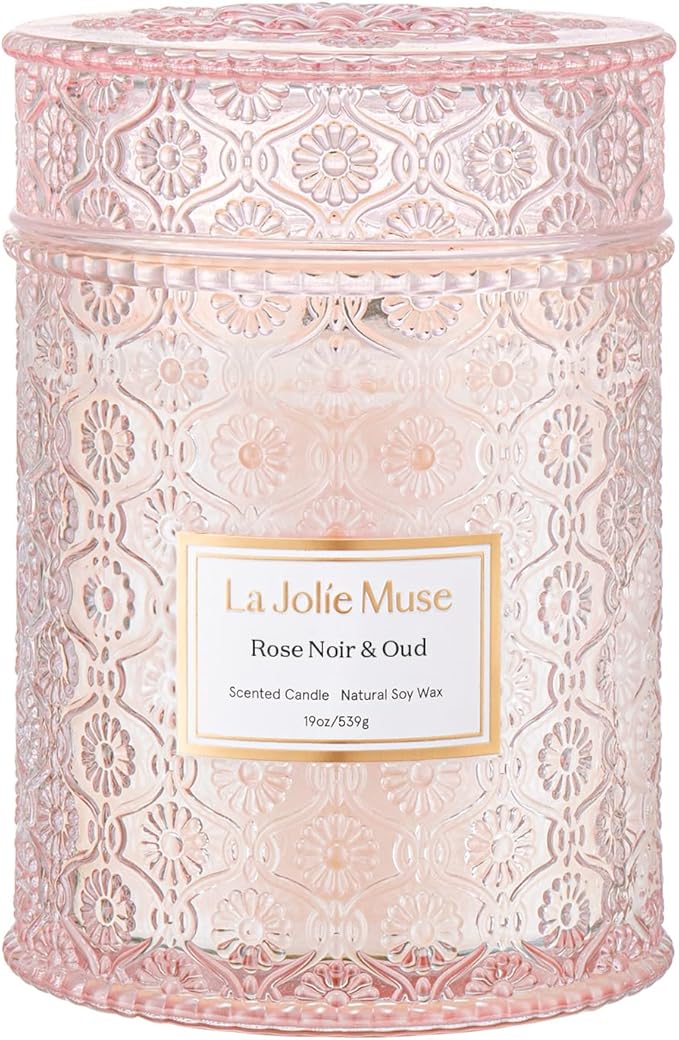 LA JOLIE MUSE Rose Noir & Oud Scented Candle – Lemon, Rose & Oud | Valentine's Day Candle Gift | 19 oz Large Wooden Wick Candle | Natural Soy Wax | 90 Hours Clean Burn | Elegant Home Décor