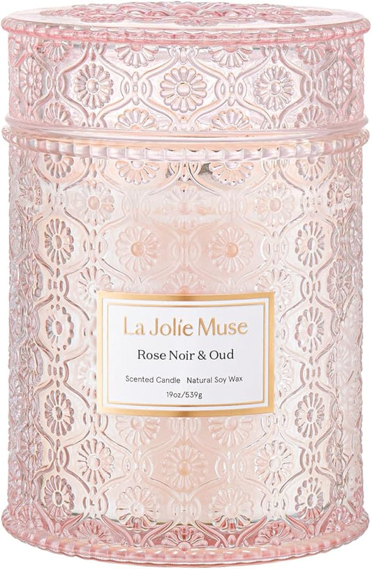 LA JOLIE MUSE Rose Noir & Oud Scented Candle – Lemon, Rose & Oud | Valentine's Day Candle Gift | 19 oz Large Wooden Wick Candle | Natural Soy Wax | 90 Hours Clean Burn | Elegant Home Décor